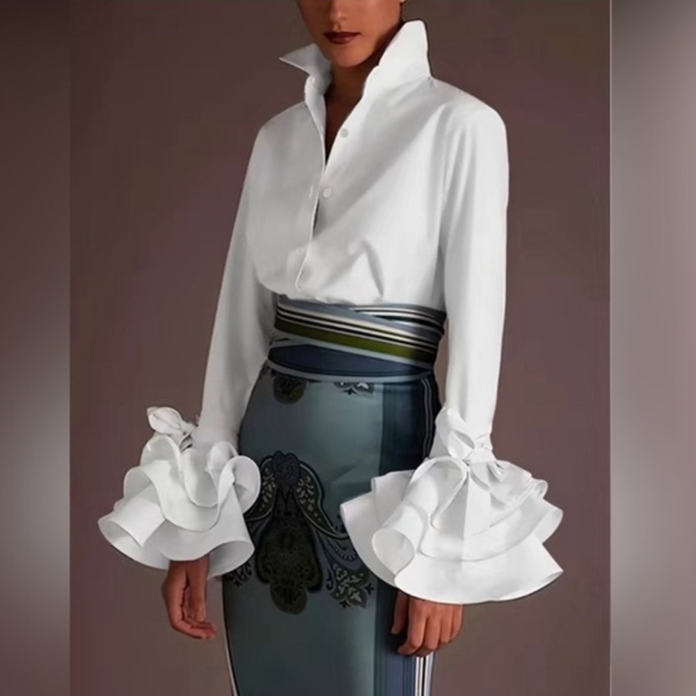 Elegant Layered Ruffle Sleeve Button Up Turn Down Collar Blouse - Picture 5 of 7